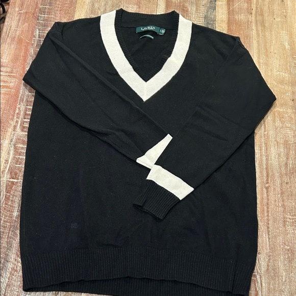 Ralph Lauren Vintage Cashmere Black V-Neck Tennis Sweater with White Trim